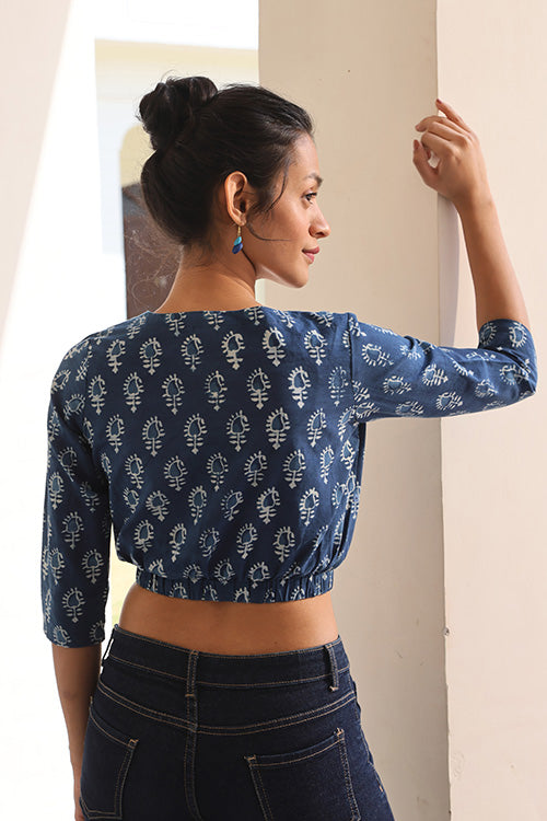 Okhai 'Indigo Paisley' Pure Cotton Hand Embroidered Hand Block Printed Top