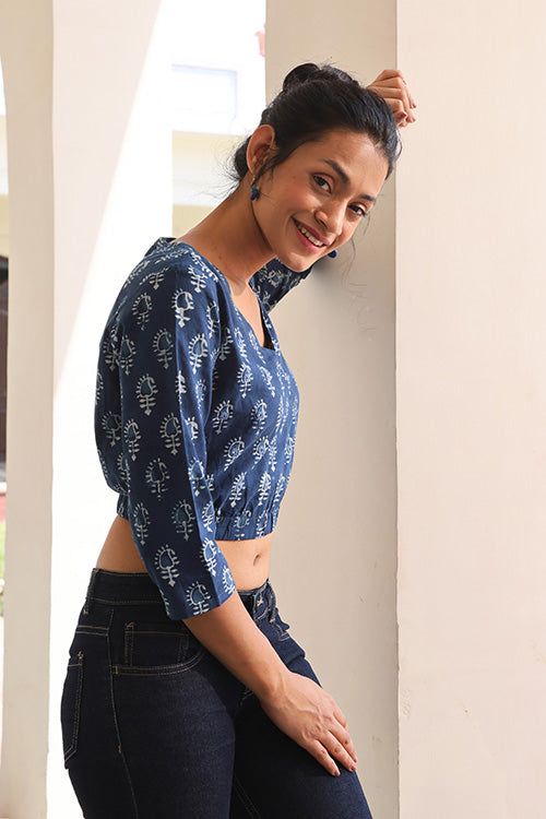Okhai 'Indigo Paisley' Pure Cotton Hand Embroidered Hand Block Printed Top