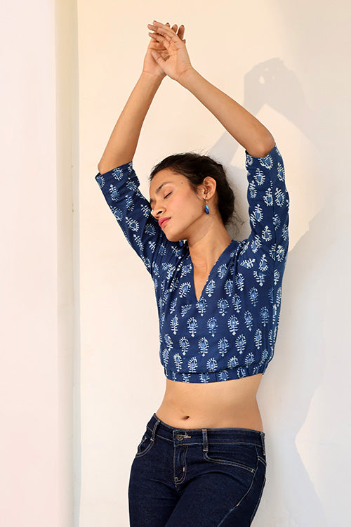 Okhai 'Indigo Paisley' Pure Cotton Hand Embroidered Hand Block Printed Top