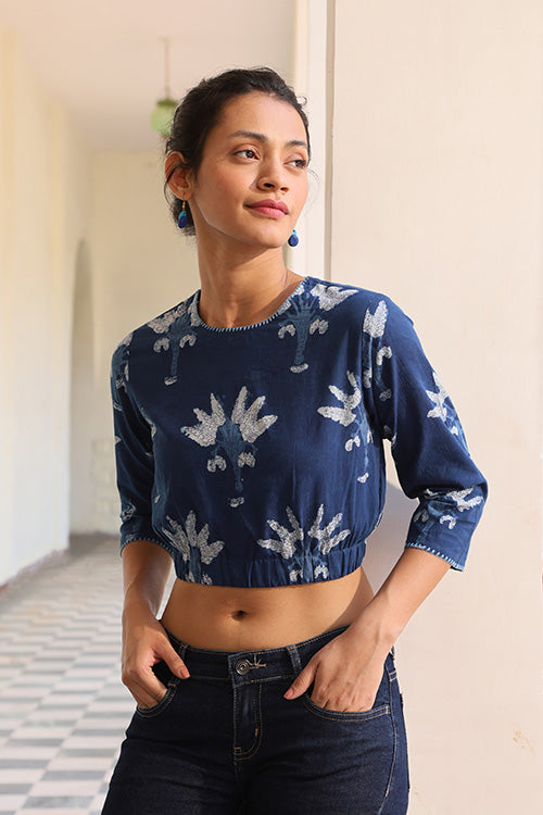 Leafic Cotton Indigo Hand Block Printed Top For Women Online