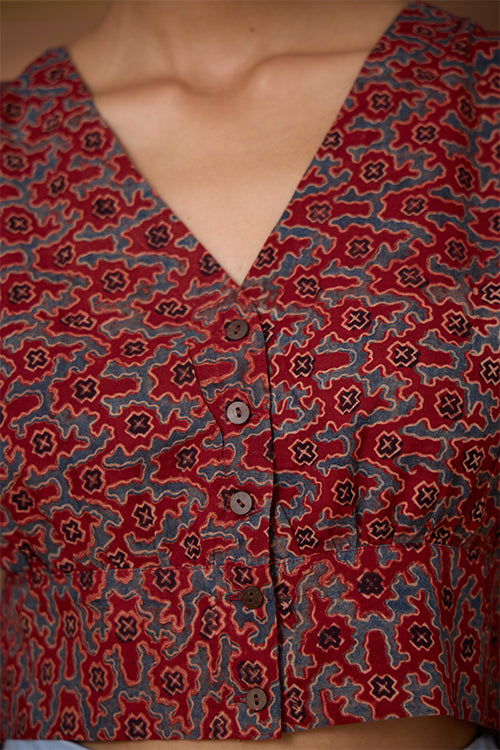 Scarlet Haze Handblock Printed Ajrakh Pure Cotton V Neck Top Online