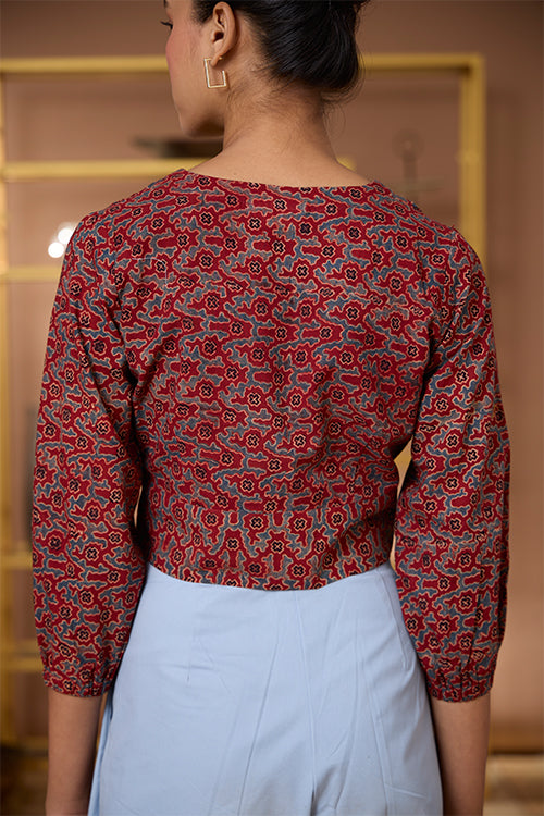 Okhai "Scarlet Haze" Handblock Printed Ajrakh Pure Cotton V-neckline Top