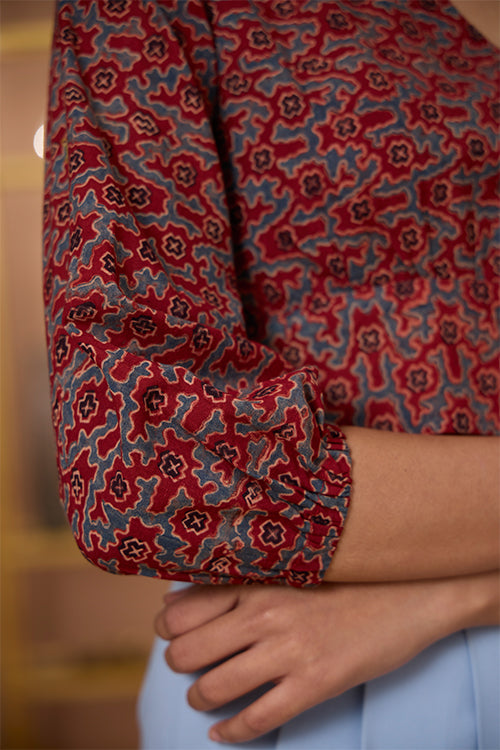 Okhai "Scarlet Haze" Handblock Printed Ajrakh Pure Cotton V-neckline Top