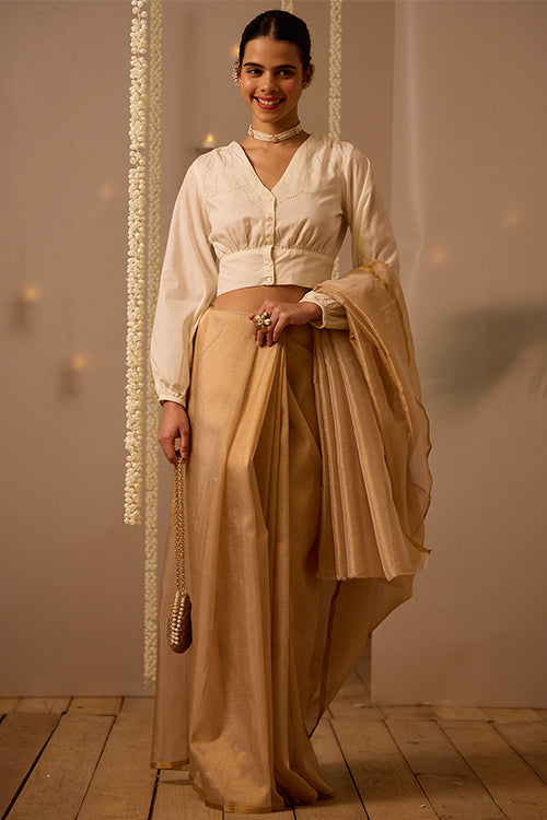 Lustre Mukaish Work White V Neck Top Online