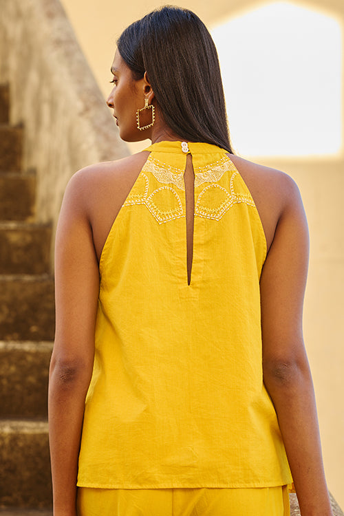 Okhai "Sanctum" Hand Embroidered Mirror and Beadwork Pure Cotton Haltered-neck Top