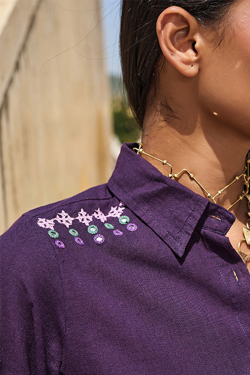 Okhai "Pavilion" Hand Embroidered Mirror and Beadwork Pure Cotton Shirt