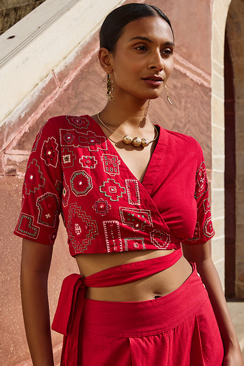 Nagara Mirrorwork Pure Cotton Hand Embroidered Wrap Top For Women