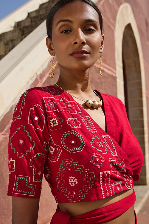 Okhai "Nagara" Hand Embroidered Mirror and Beadwork Pure Cotton Wrap Top
