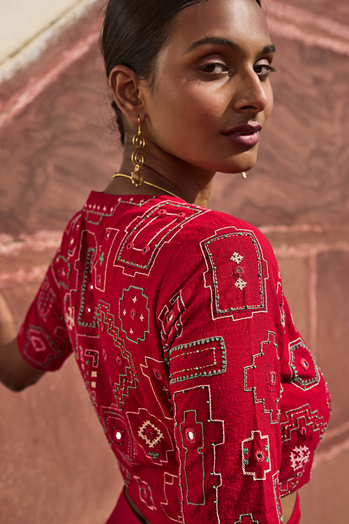 Okhai "Nagara" Hand Embroidered Mirror and Beadwork Pure Cotton Wrap Top
