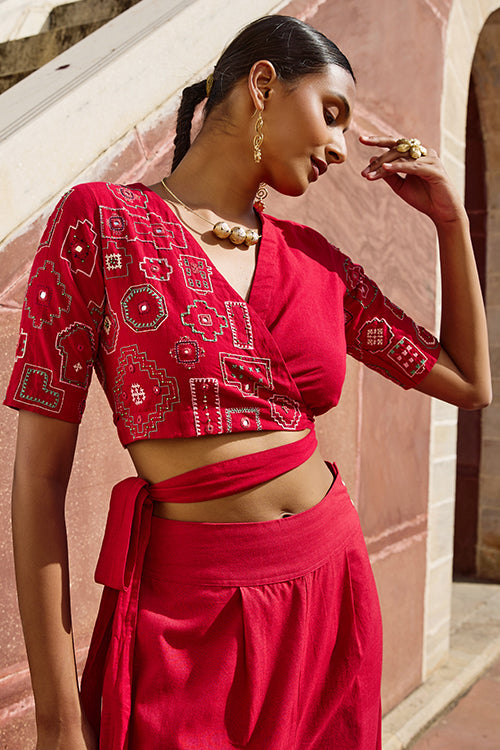Okhai "Nagara" Hand Embroidered Mirror and Beadwork Pure Cotton Wrap Top