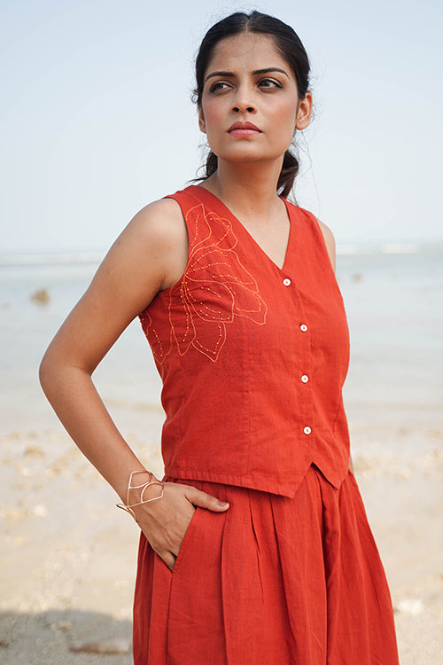 Okhai "Harvest Glow" Hand-Embroidered and Mirror work Pure Cotton Sleeveless Top