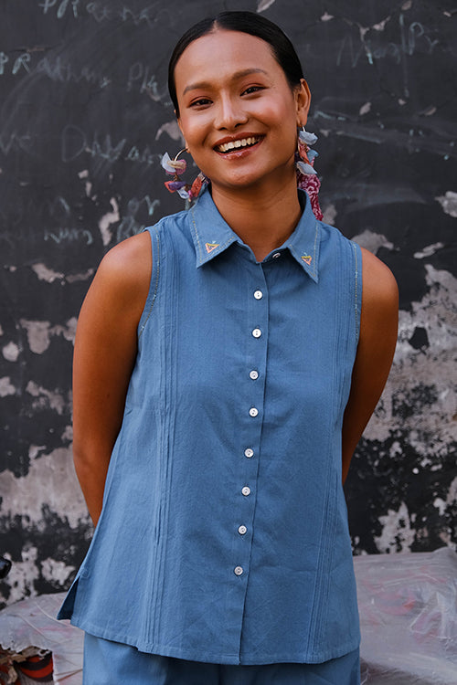 Okhai "Watermelon Whimsy" Suf Embroidered Hand-woven Cotton Collared Top