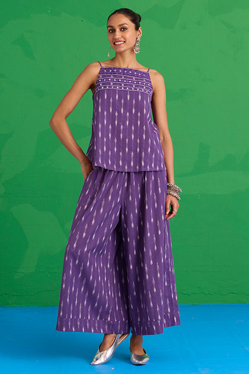 Okhai "Mulberry" Hand-Embroidered Mirrorwork Pure Cotton Ikkat Purple Top