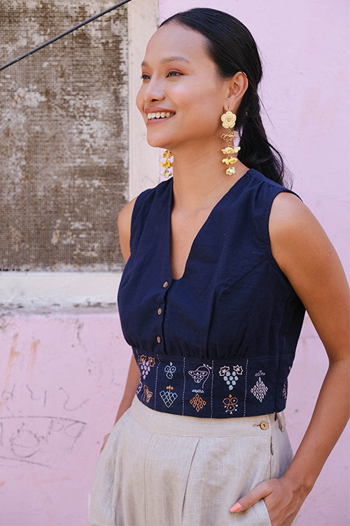 Okhai "Grape splash" Rabari Embroidery And Mirror Work Pure Cotton Top