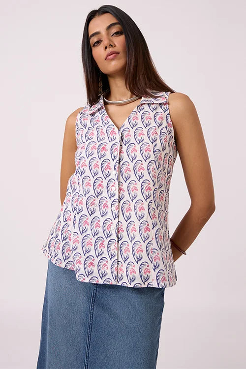 Okhai "Petals" Hand Block Printed Pure Cotton Sleeveless Top