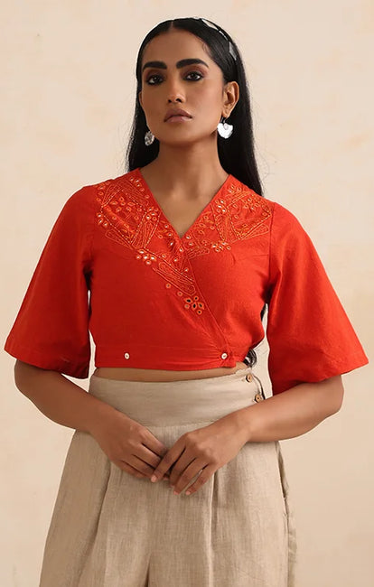 Okhai "Amer" Hand-Embroidered Orange Pure Cotton Wrap Top