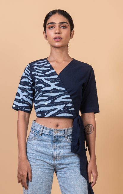 Okhai "Havelock" Hand Applique and Embroidered Mirror work Pure Cotton Wrap Top