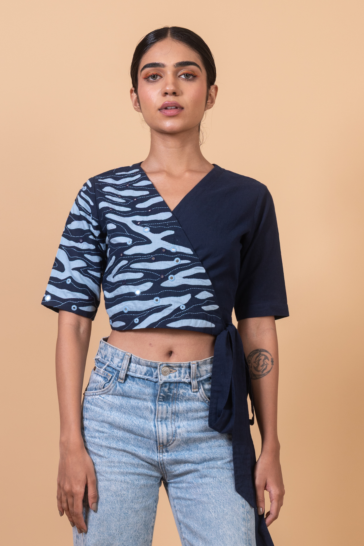 Okhai "Havelock" Hand Applique and Embroidered Mirror work Pure Cotton Wrap Top