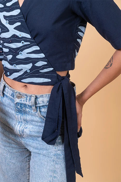 Okhai "Havelock" Hand Applique and Embroidered Mirror work Pure Cotton Wrap Top