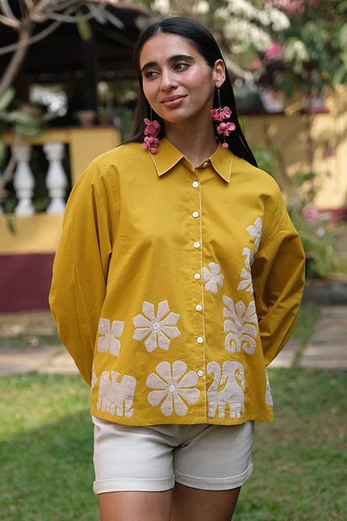 Okhai "Daylight" Hand Applique work Pure Cotton Mustard Shirt