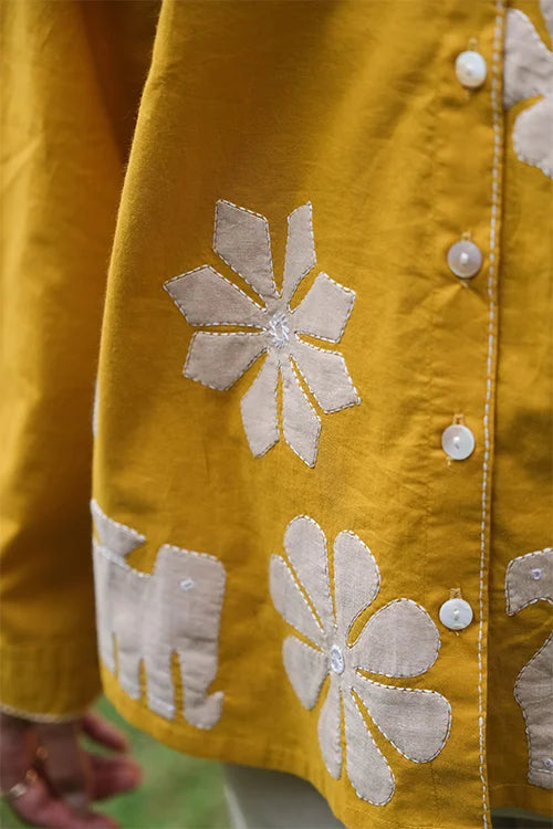 Okhai "Daylight" Hand Applique work Pure Cotton Mustard Shirt