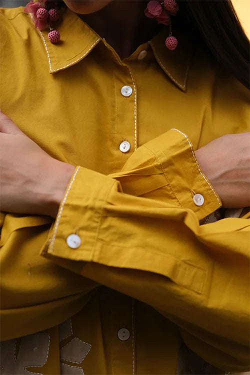 Okhai "Daylight" Hand Applique work Pure Cotton Mustard Shirt