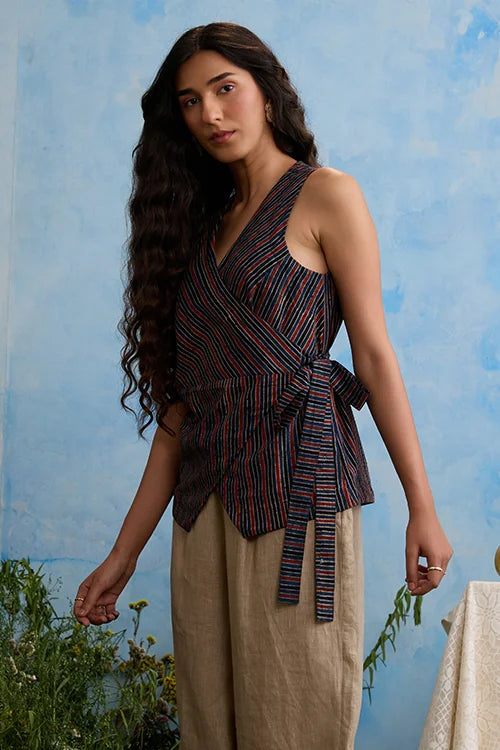 Okhai "Pinstripe" Cotton Ajrakh Sleeveless Wrap Top