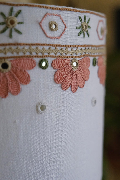 Okhai "Grand Canyon" Hand-Embroidered Mirror Work Pure Linen Off-White Lampshade
