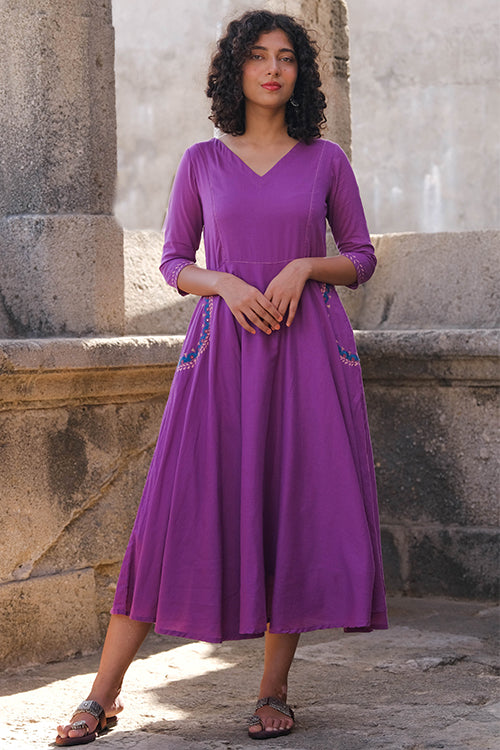 Okhai "Magical Amethyst" Hand Embroidered Pure Cotton Mul Flared Dress