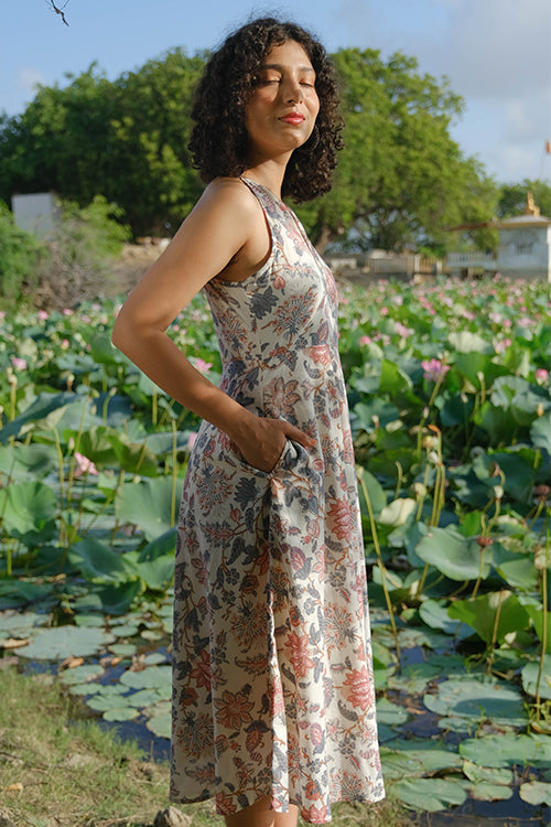 Okhai "Vintage Garden" Hand Embroidered Hand Block Printed Pure Cotton Sleeveless Dress