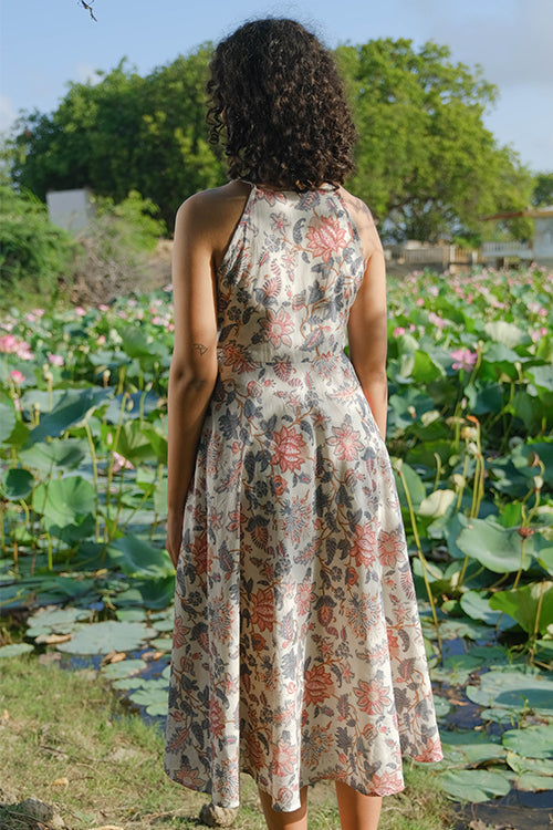 Okhai "Vintage Garden" Hand Embroidered Hand Block Printed Pure Cotton Sleeveless Dress