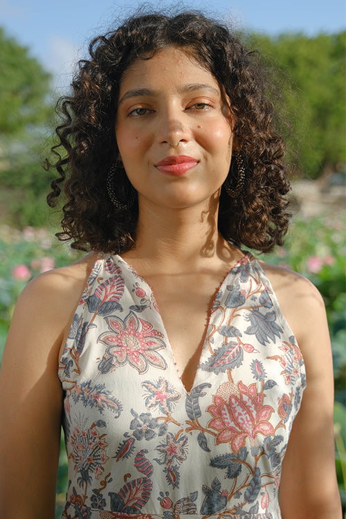 Okhai "Vintage Garden" Hand Embroidered Hand Block Printed Pure Cotton Sleeveless Dress