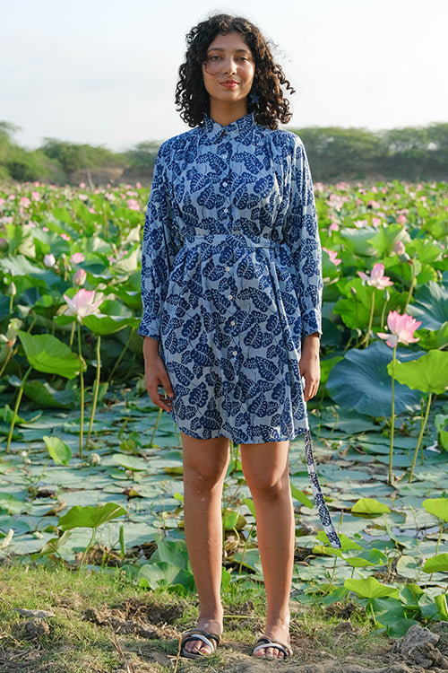 Okhai Blue Monsoon Embroidered Mirror Work Printed Cotton Shirt Dress