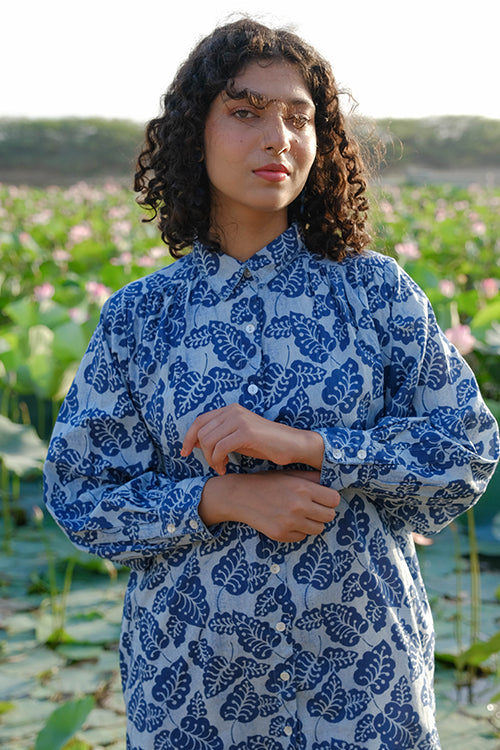 Okhai Blue Monsoon Embroidered Mirror Work Printed Cotton Shirt Dress