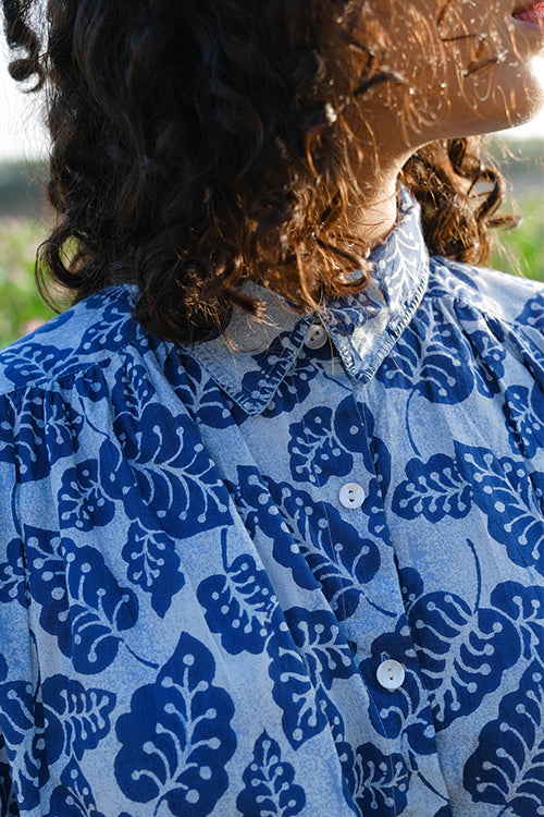 Okhai "Blue Monsoon" Hand Embroidered Mirror Work Handblock Printed Pure Cotton Shirt Dress