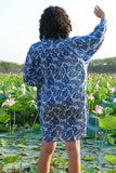 Okhai "Blue Monsoon" Hand Embroidered Mirror Work Handblock Printed Pure Cotton Shirt Dress