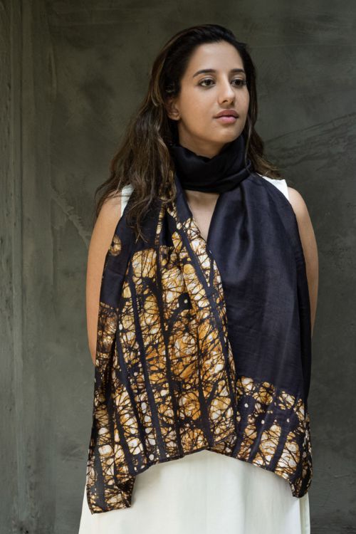 TICH Light & Elegant Silk Batik Stole - Brown Leaves