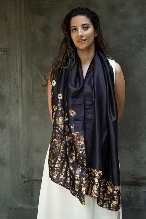 TICH Light & Elegant Silk Batik Stole - Brown Leaves