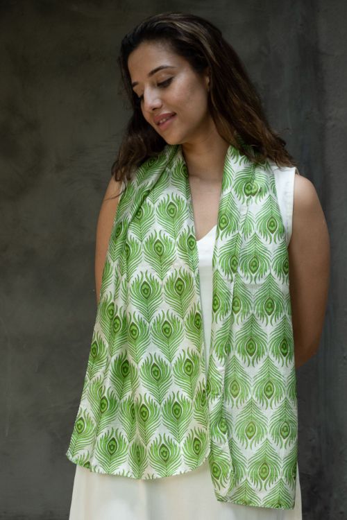 TICH Light & Elegant Silk Batik Stole - Green Feathers