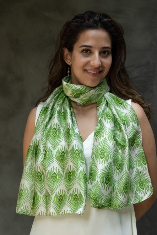 TICH Light & Elegant Silk Batik Stole - Green Feathers