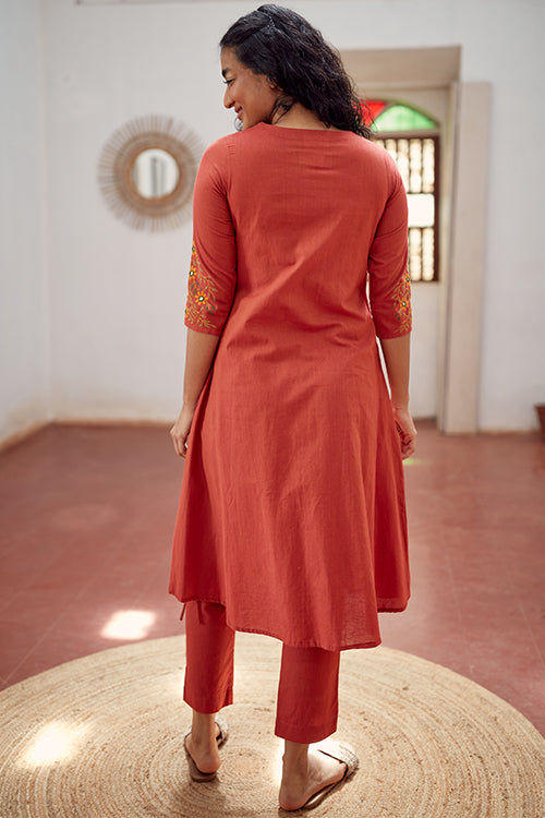 Okhai 'Mystic Dusk' Hand Embroidered Mirror Work Pure Cotton Long Kurta Pant Set | Rescue