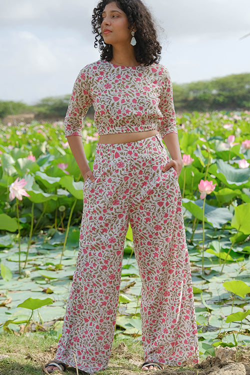 Okhai "Zinnia Zest" Hand Embroidered Handblock Printed Pure Cotton Pants