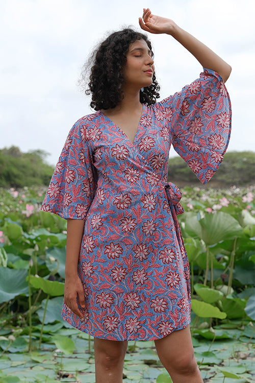 Okhai Amaryllis Embroidered Mirror Work Printed Cotton Wrap Dress