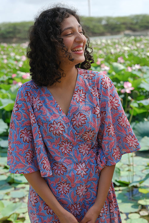 Okhai Amaryllis Embroidered Mirror Work Printed Cotton Wrap Dress