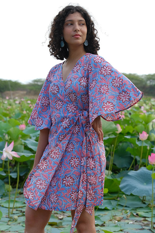 Okhai "Amaryllis" Hand Embroidered Mirror Work Handblock Printed Pure Cotton Wrap Dress
