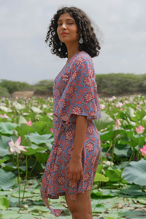 Okhai "Amaryllis" Hand Embroidered Mirror Work Handblock Printed Pure Cotton Wrap Dress