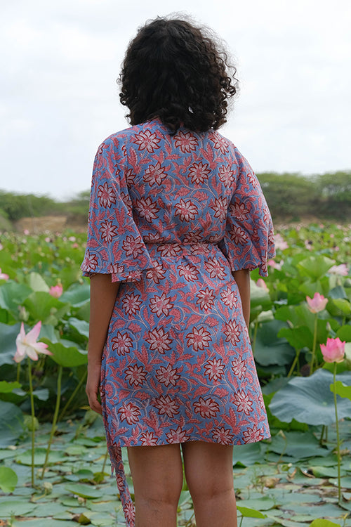 Okhai "Amaryllis" Hand Embroidered Mirror Work Handblock Printed Pure Cotton Wrap Dress