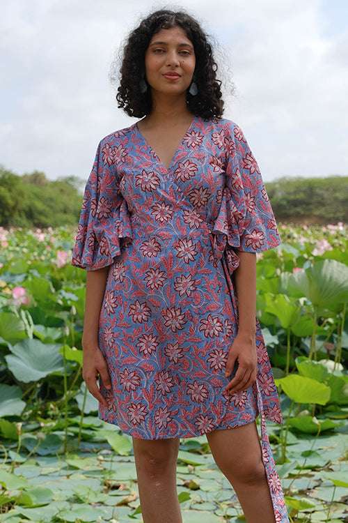 Okhai "Amaryllis" Hand Embroidered Mirror Work Handblock Printed Pure Cotton Wrap Dress