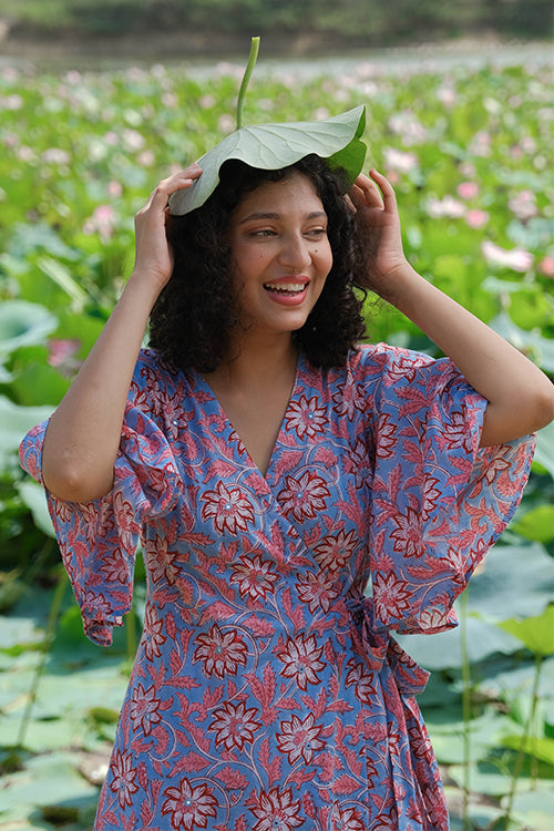 Okhai "Amaryllis" Hand Embroidered Mirror Work Handblock Printed Pure Cotton Wrap Dress