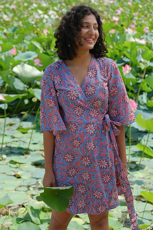 Okhai "Amaryllis" Hand Embroidered Mirror Work Handblock Printed Pure Cotton Wrap Dress